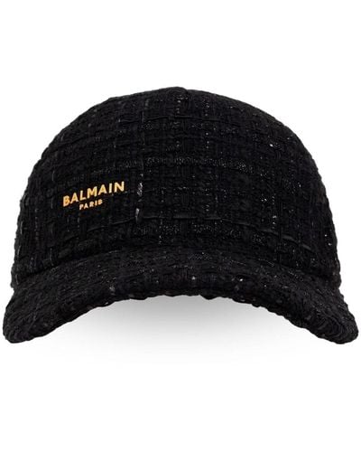 Balmain Logo-plaque Embellished Tweed Cap - Black