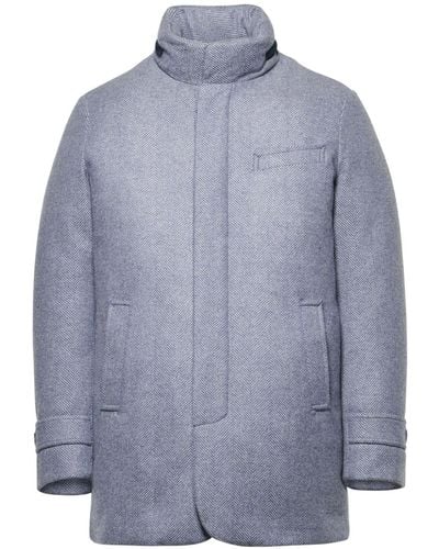 Norwegian Wool Herringbone Padded Hooded Jacket - Blue