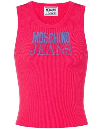 Moschino Jeans Geripptes Tanktop mit Logo-Print - Pink