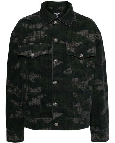 Balmain Khaki Print Denim Jacket - Schwarz