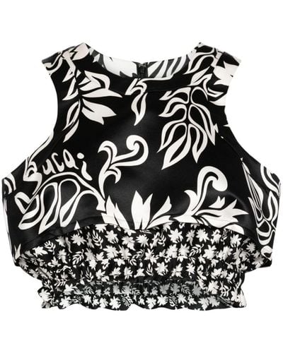 Sacai Cropped Floral-print Tank Top - Black