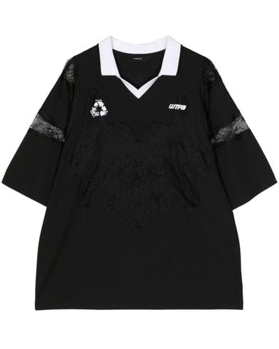 Pushbutton Lace-panelled T-shirt - Black