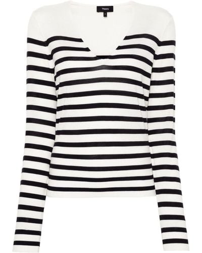 Theory V-neck Striped Jumper - White