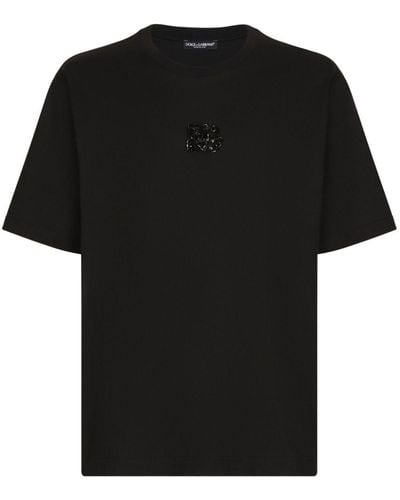 Dolce & Gabbana Baumwoll-T-Shirt Mit Dg-Strass-Patch - Schwarz