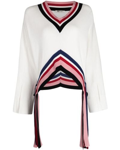 Ports 1961 Striped V-neck Fine-knit Sweater - White