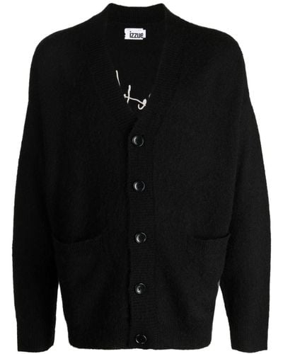 Izzue Slogan-embroidered Button-up Cardigan - Black