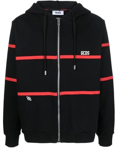 Gcds Stripe-print Zip-up Hoodie - Black