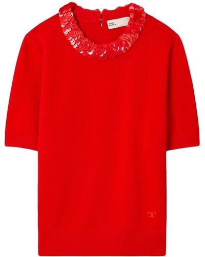Tory Burch Sequin-embellished Fine-knit Top - Red