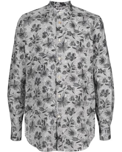 Kiton Floral-print Collarless Shirt - Gray