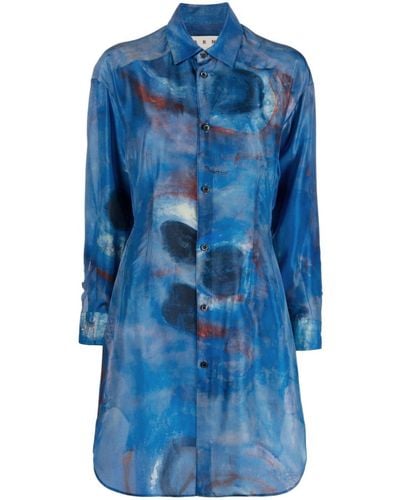 Marni Illustration-style Print Silk Shirtdress - Blue