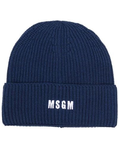 MSGM Logo-embroidered Ribbed-knit Beanie - Blue