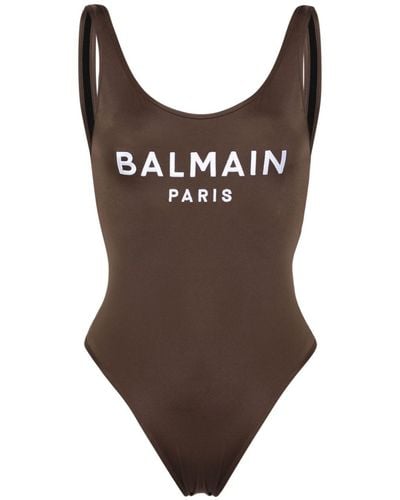 Balmain Embroidered-logo Scoop-back Swimsuit - Brown