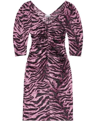 Ganni Tiger-print Crinkled Midi Dress - Purple