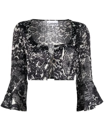 Ganni Lace-print Cropped Blouse - Black