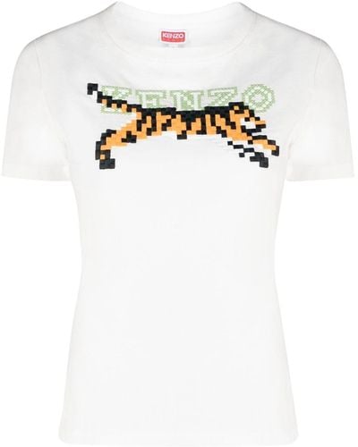 KENZO T-Shirt Ricamo Tigre Effetto Pixel - Bianco