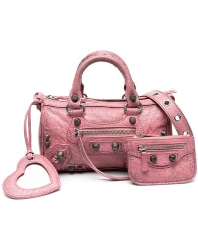Balenciaga Le Cagole Duffle Cracked Leather Bag - Pink