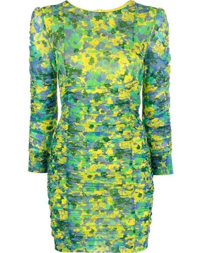 Ganni Floral-print Ruched Mesh Dress - Green