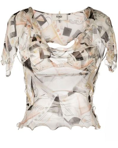 Fendi Abstract-print Silk Blouse - Natural
