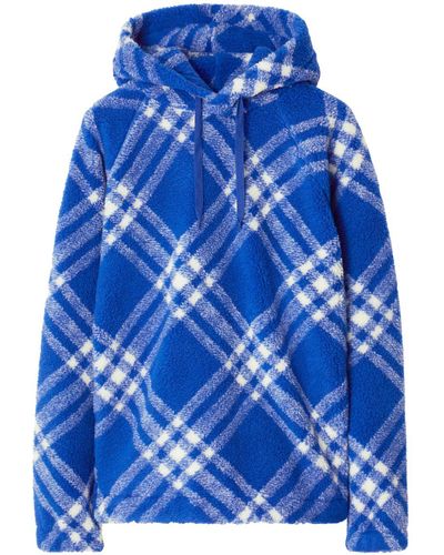 Burberry Plaid-check Pattern Fleece Hoodie - Blue