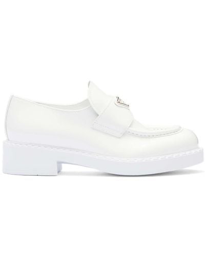 Prada Spazzolato Logo Platform Leather Loafers - White