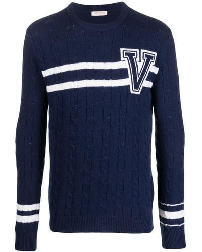 Valentino Garavani Embroidered-logo Striped Wool Jumper - Blue