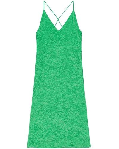 Ganni Crinkled-effect Satin Slip Dress - Green