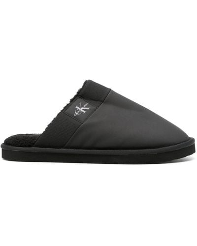 Calvin Klein Logo-patch Faux-shearling Slippers - Black