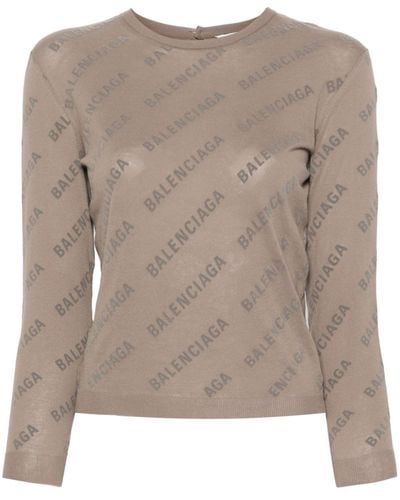 Balenciaga Flocked-logo Cotton Sweater - Brown