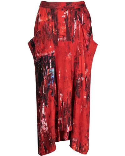 Y's Yohji Yamamoto Painterly-print Draped Skirt - Red