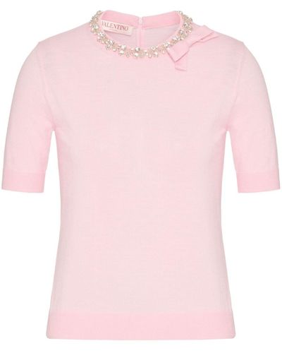 Valentino Garavani Crystal-embellished Fine-knit T-shirt - Pink