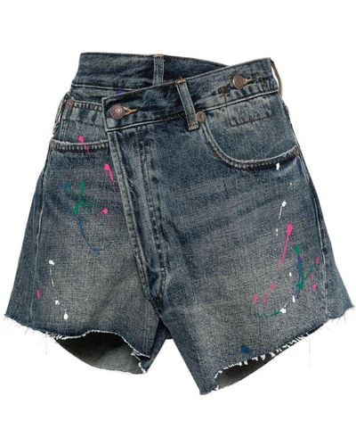 R13 Paint-splatter Asymmetric Denim Shorts - ブルー