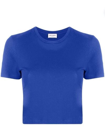 Saint Laurent T-shirt con ricamo crop - Blu