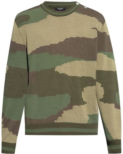 Balmain Camouflage-pattern Cotton Jumper - Green