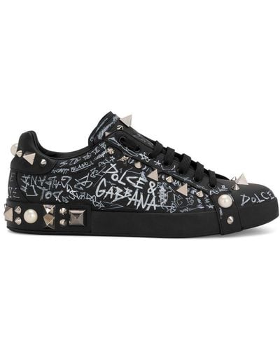 Dolce & Gabbana Calfskin Nappa Portofino Sneakers With Studs - Black