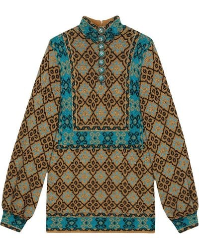 Gucci Robe en laine à motif fleurs géométriques, GG et détails en lamé - Marron