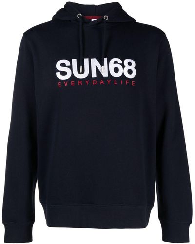 Sun 68 Logo-embroidered Cotton Hoodie - Blue