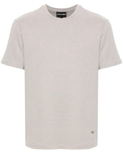 Emporio Armani Gestreiftes T-Shirt mit Logo-Stickerei - Weiß