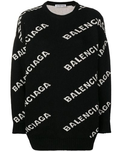 Balenciaga Pull à jacquard logo - Noir