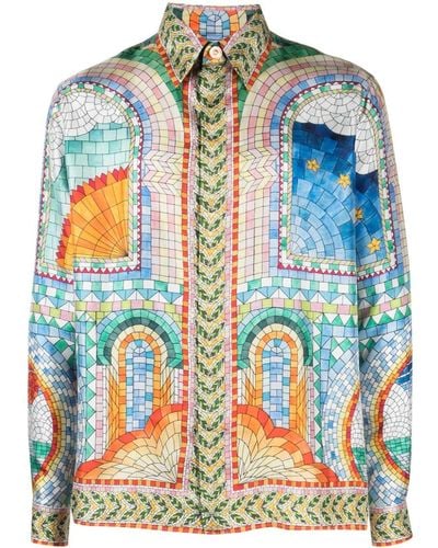 Casablancabrand Mosaic De Damas-print Silk Shirt - Blue