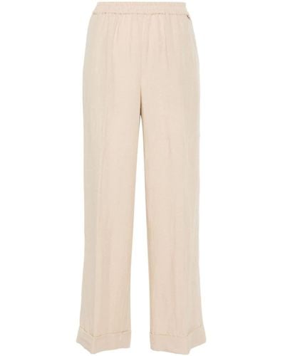 Liu Jo Viscose And Linen Trousers With Ruched Detail - Natural