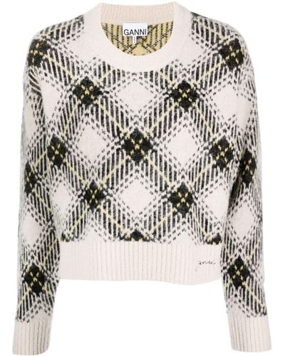 Ganni Argyle-jacquard Wool-blend Sweater - Grey