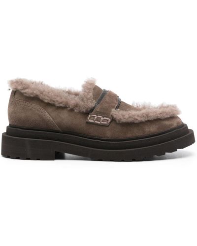 Brunello Cucinelli Faux-shearling Suede Loafers - Brown
