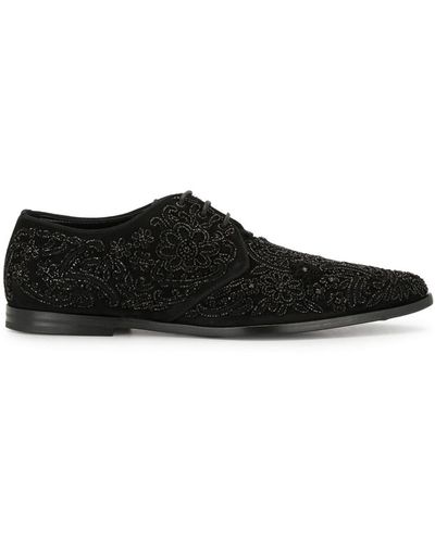 Dolce & Gabbana Embroidered Suede Derby Shoes - Black