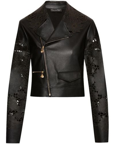 Oscar de la Renta Laser-cut Floral Leather Jacket - Black