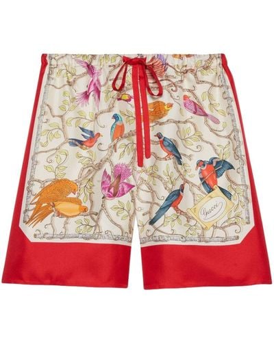 Gucci Bird-print Silk Shorts - Red