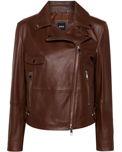 BOSS Double-breasted Leather Biker Jacket - Brown