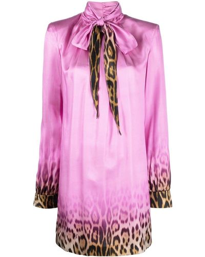 Roberto Cavalli Leopard-detail Pussybow Mini Dress - Pink