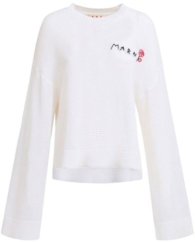 Marni Logo-embroidered Open-knit Sweater - White