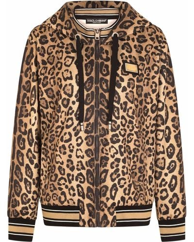 Dolce & Gabbana Zip-up Jersey Hoodie With Leopard Print - Brown