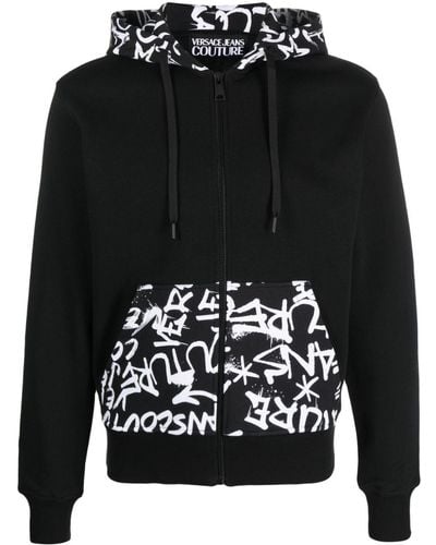 Versace Graffiti-print Zip-up Cotton Hoodie - Black